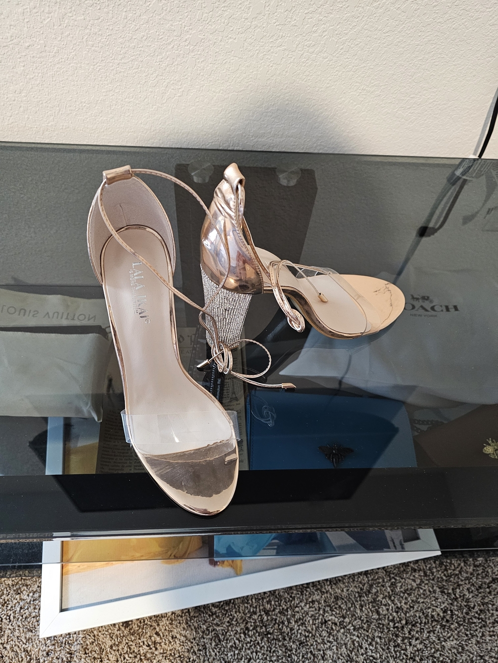 Fashion Nova Rose Gold Strappy High Heel Sandals with Clear Toe Strap